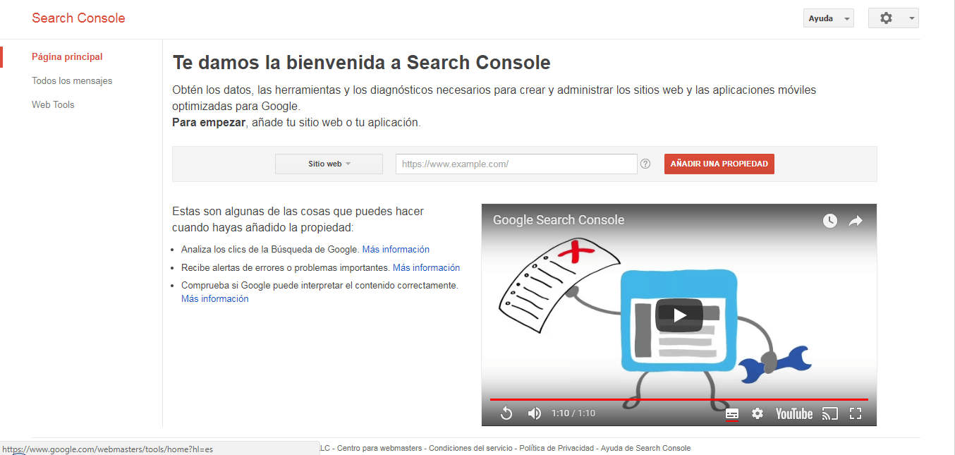 Página principal de Google Search Console