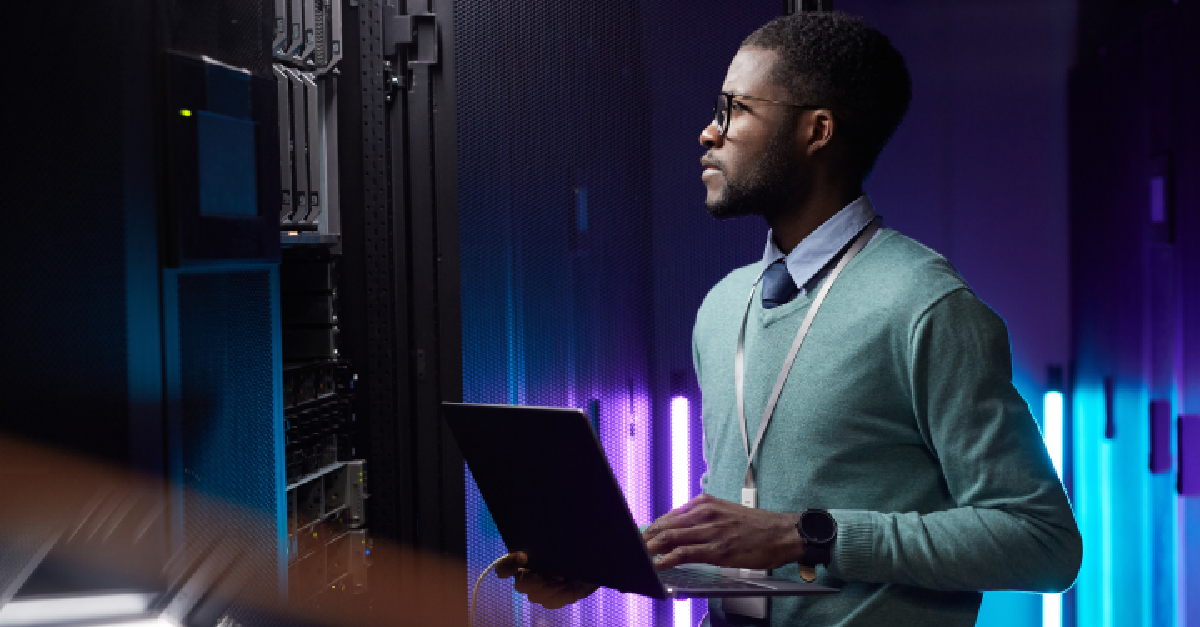 An african american IT professional looks forward to change his on-premises server for a cloud one